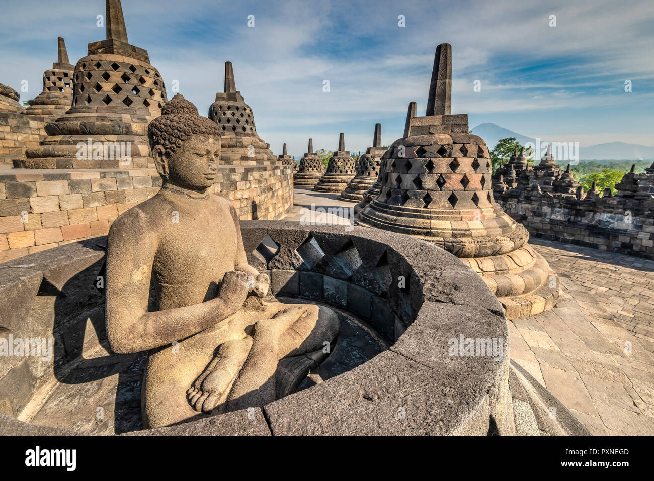 Statua del Buddha, Candi tempio Buddhista di Borobudur e a Muntilan, Java, Indonesia Foto Stock