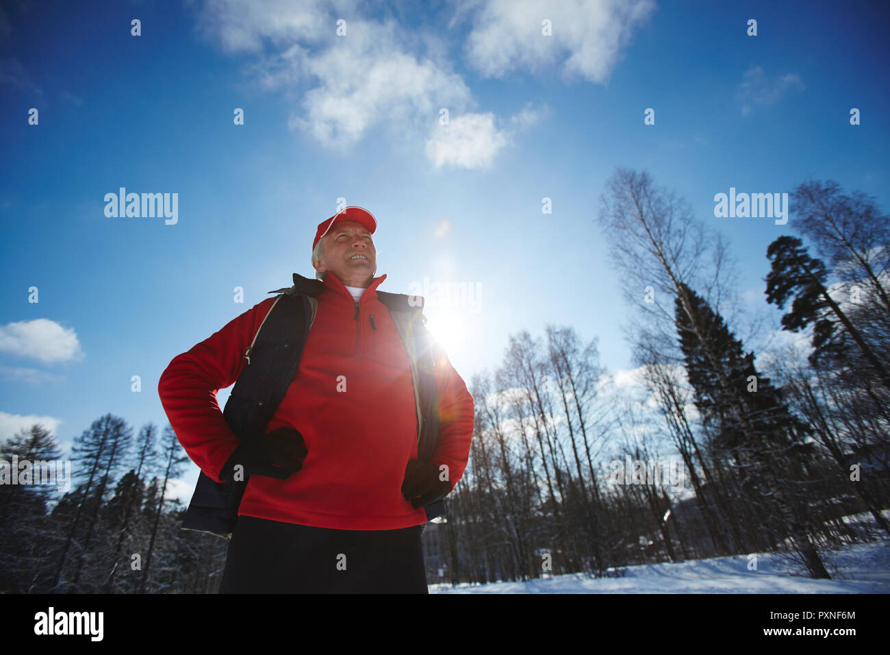 Coppia di uno sportivo in activewear mantenendo le mani sulla vita mentre si esercita nella foresta di inverno Foto Stock