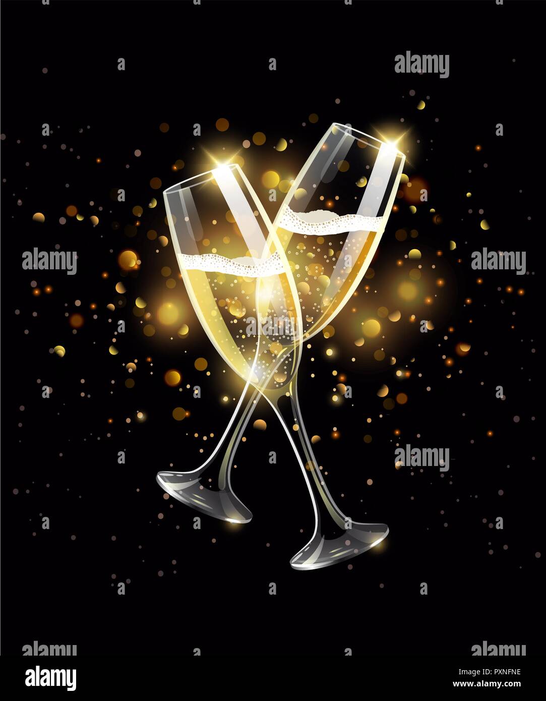 Vini spumanti bicchieri di champagne su sfondo nero, effetto bokeh di fondo Illustrazione Vettoriale