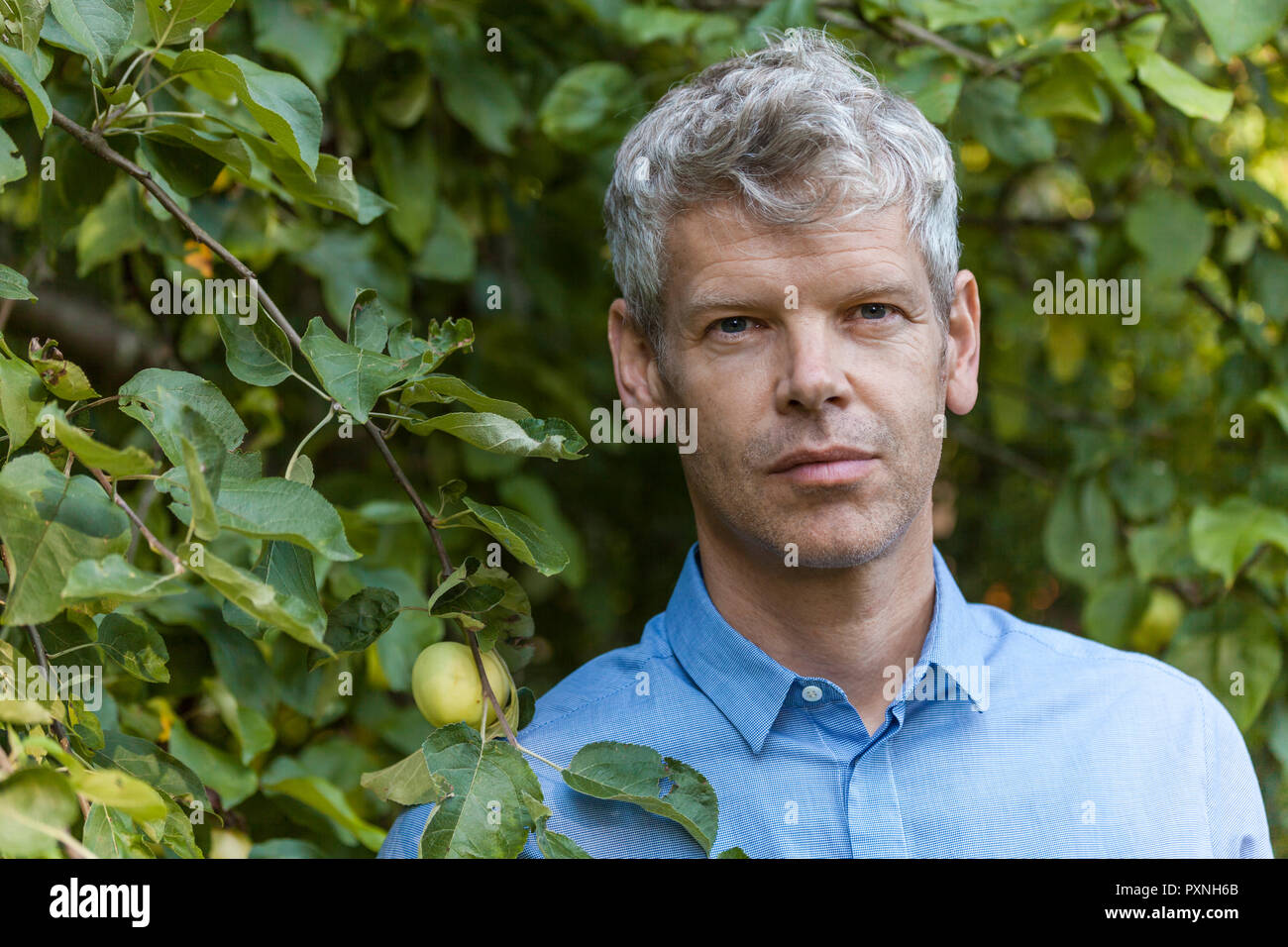 Ritratto di uomo maturo con i capelli grigi in giardino Foto Stock