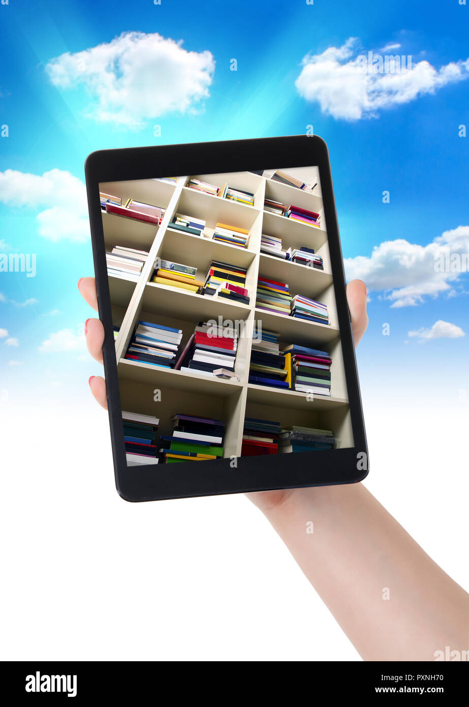 Tablet e-book library a portata di mano - percorso di clipping Foto Stock