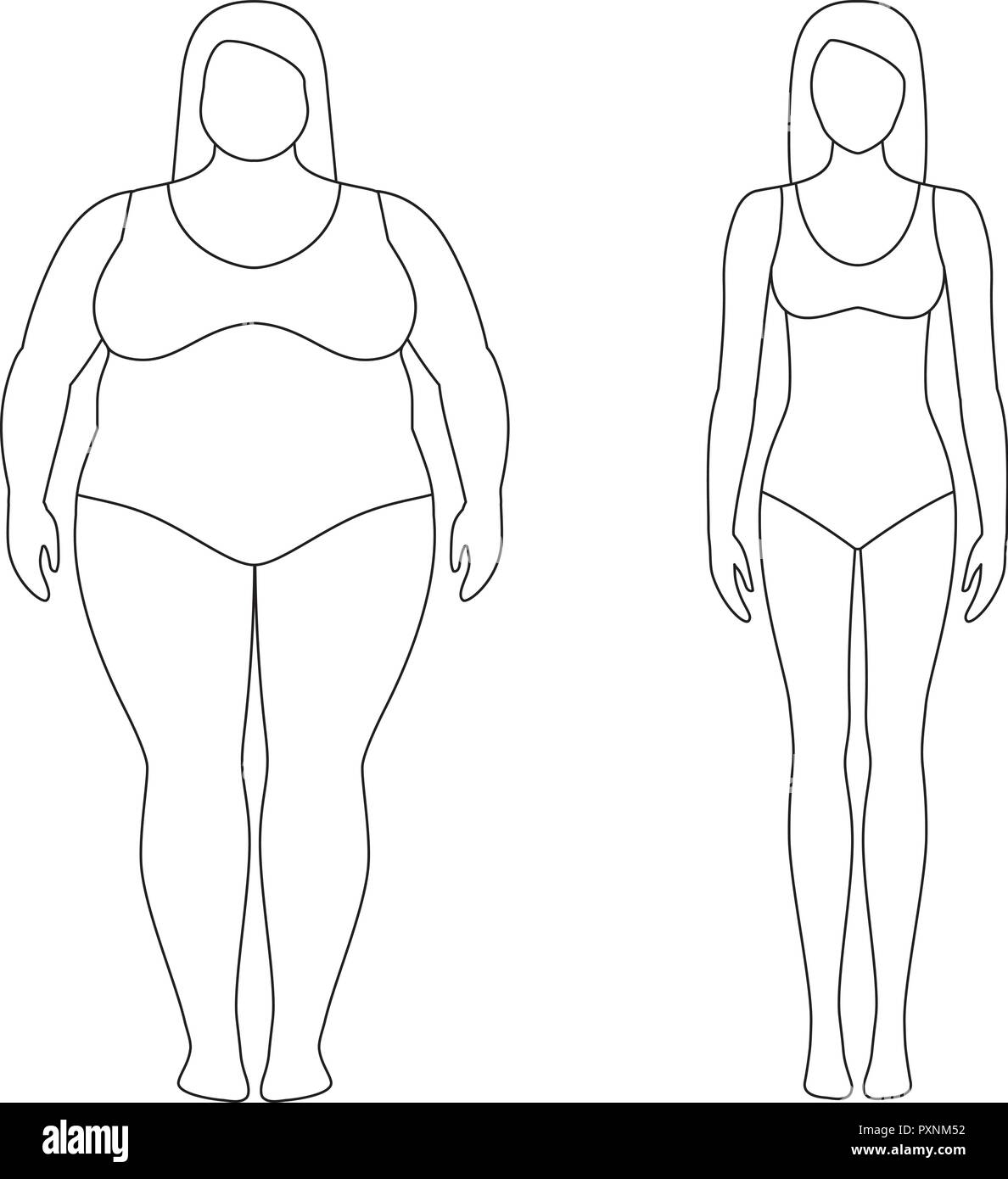Illustrazione sagomata di una donna prima e dopo la perdita di peso. Corpo femmina. Dieta di successo e sport concept. Slim e fat ragazze. Illustrazione Vettoriale