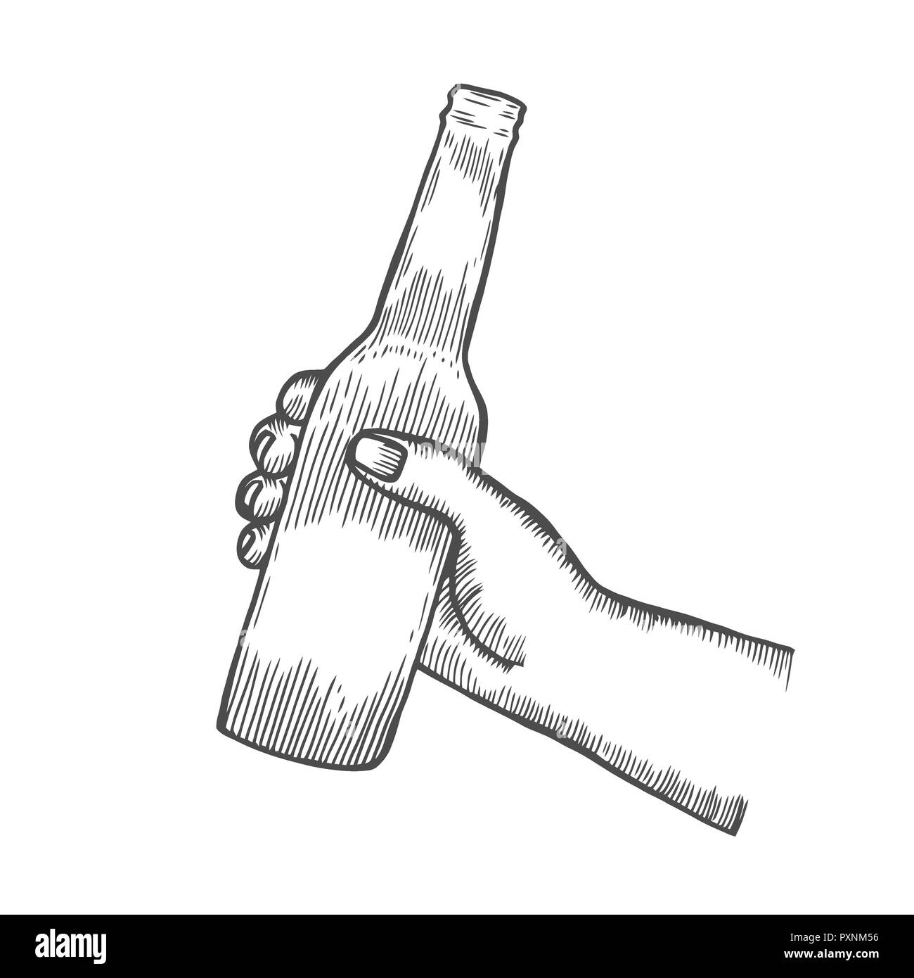 Maschio tenuta a mano e il tintinnio aprire le bottiglie di birra. Vintage illustrazione incisione per il web, poster, invito a parte. Isolato su sfondo bianco. Foto Stock