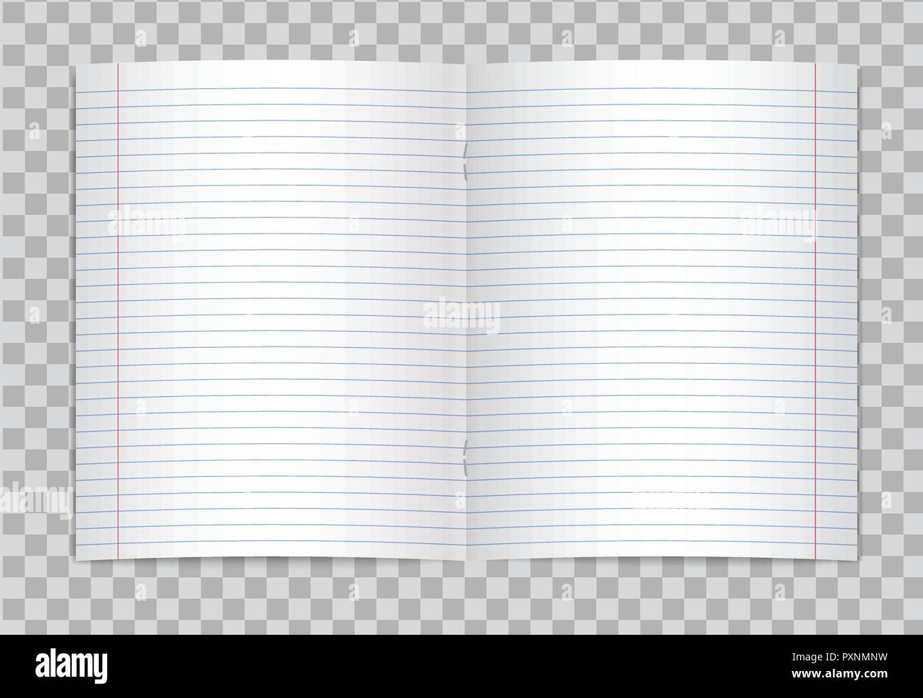 Vettore aperto rivestito realistico scuola elementare copybook con margini di colore rosso su sfondo trasparente. Mockup o modello del fustellato aperto rivestito di pagine Illustrazione Vettoriale