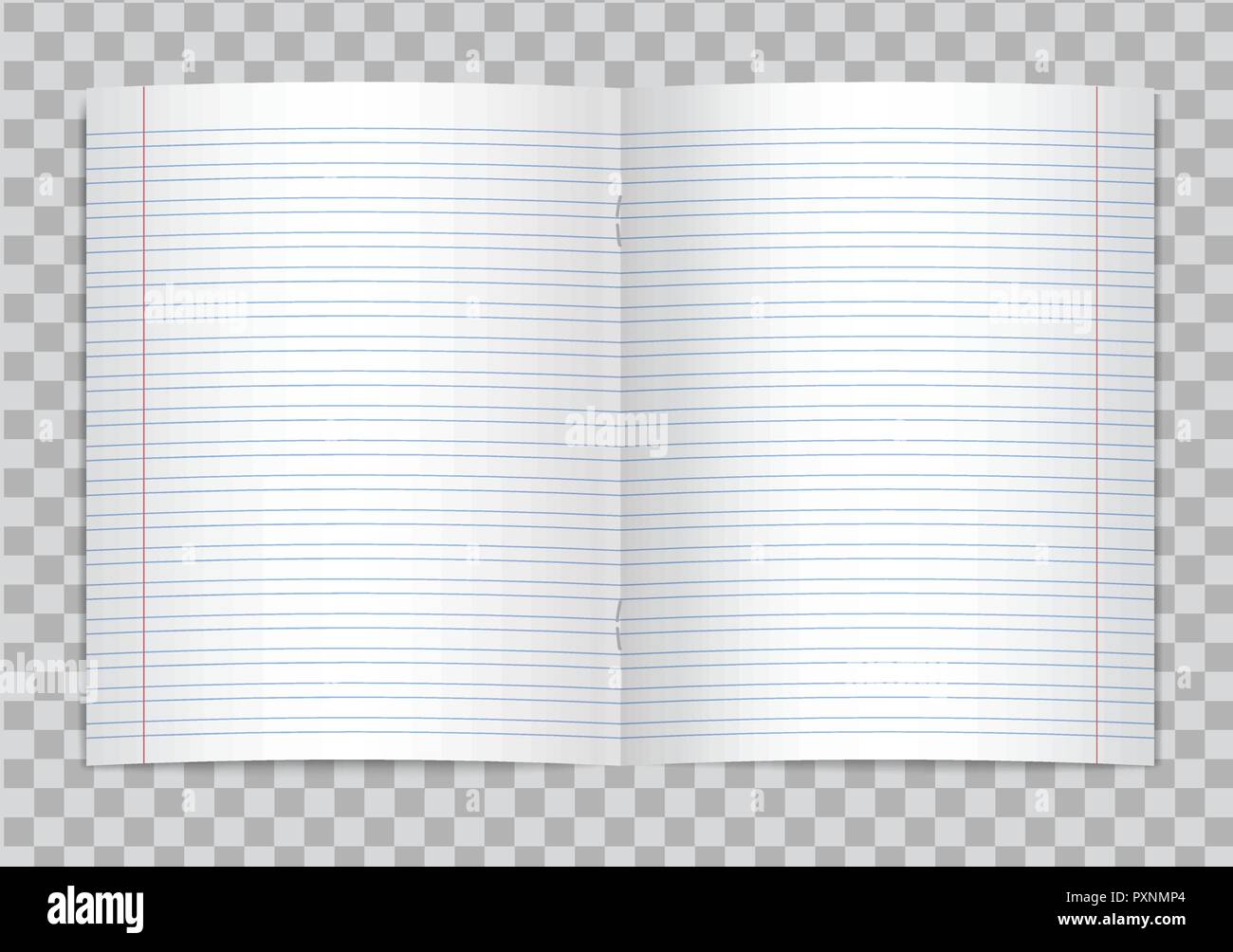 Vettore aperto rivestito realistico scuola elementare copybook con margini di colore rosso su sfondo trasparente. Mockup o modello del fustellato aperto rivestito di pagine Illustrazione Vettoriale