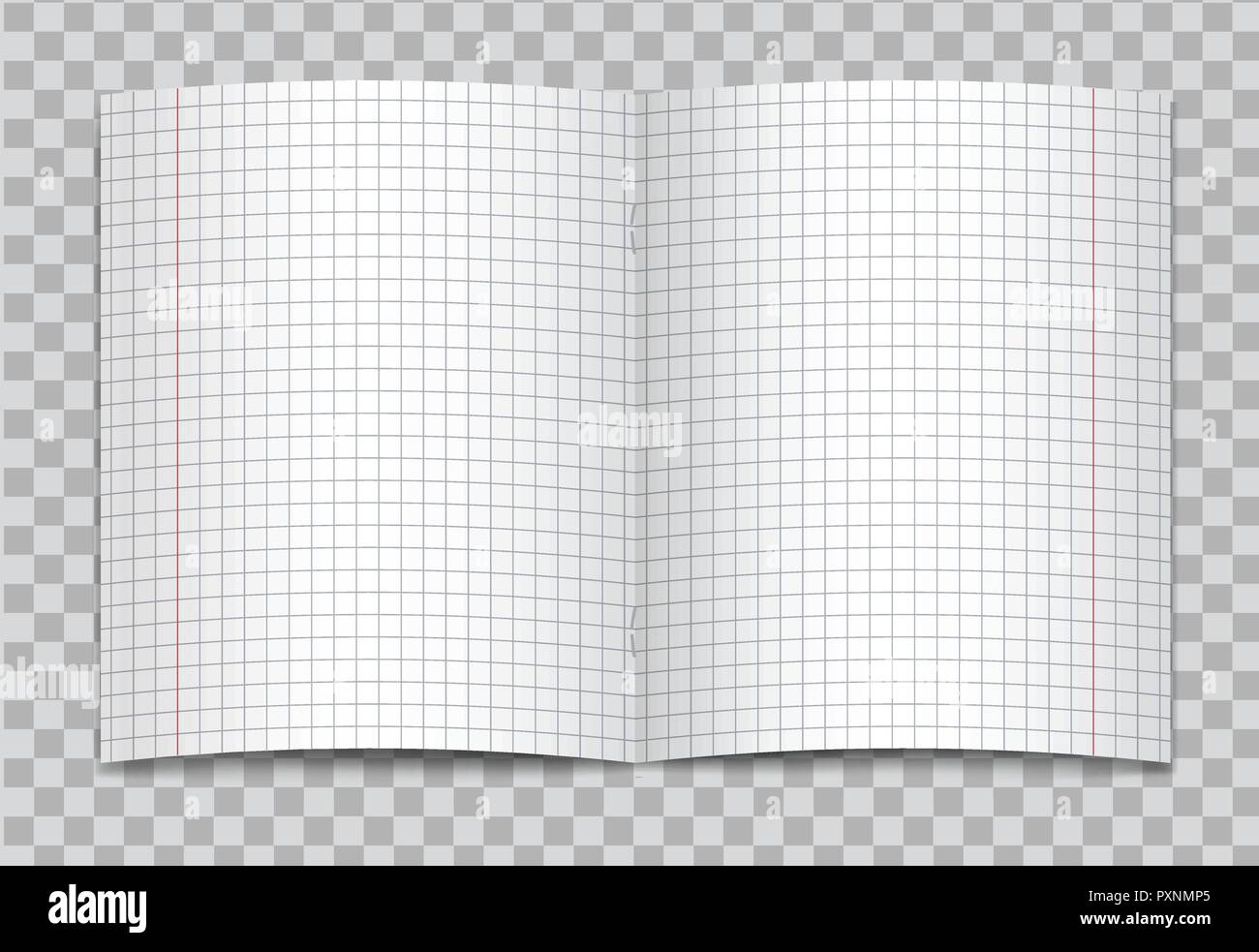 Vettore aperto realistico squadrato scuola elementare copybook con margini di colore rosso su sfondo trasparente. Mockup o modello di grafico vuoto pagina aperta Illustrazione Vettoriale