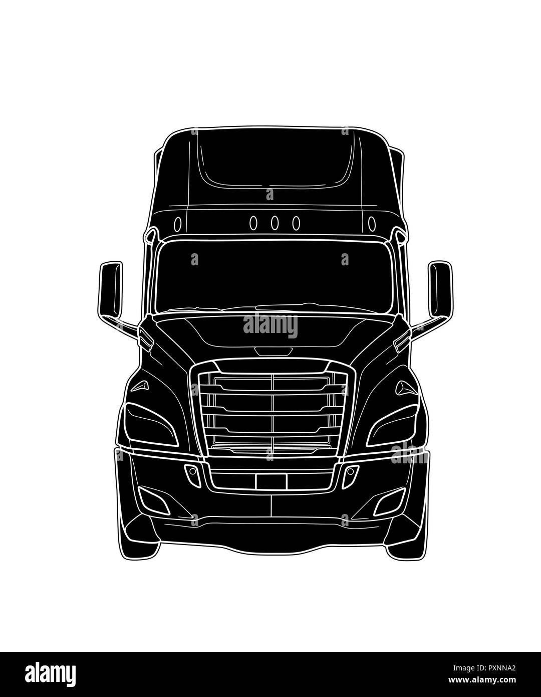 American camion con rimorchio in bianco e nero sketch Illustrazione Vettoriale