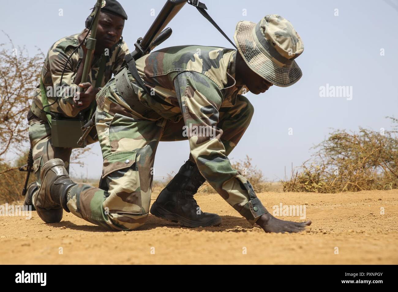 Soldati con il Senegal di quinta contingente in Mali ricerca di potenziali esplosivi improvvisati indicatori del dispositivo durante una delle operazioni di mantenimento della pace di formazione missionaria a fianco degli Stati Uniti Marines con scopi speciali Air-Ground Marine Task Force - Risposta in caso di crisi - Africa a Thies, Senegal, Giugno 6, 2017. Marines e marinai con SPMAGTF-CR-AF è servita come istruttori e progettato il corso di formazione per migliorare il soldato' abilità per distribuire con successo a sostegno delle Nazioni Unite alle missioni di mantenimento della pace nel continente. Foto Stock