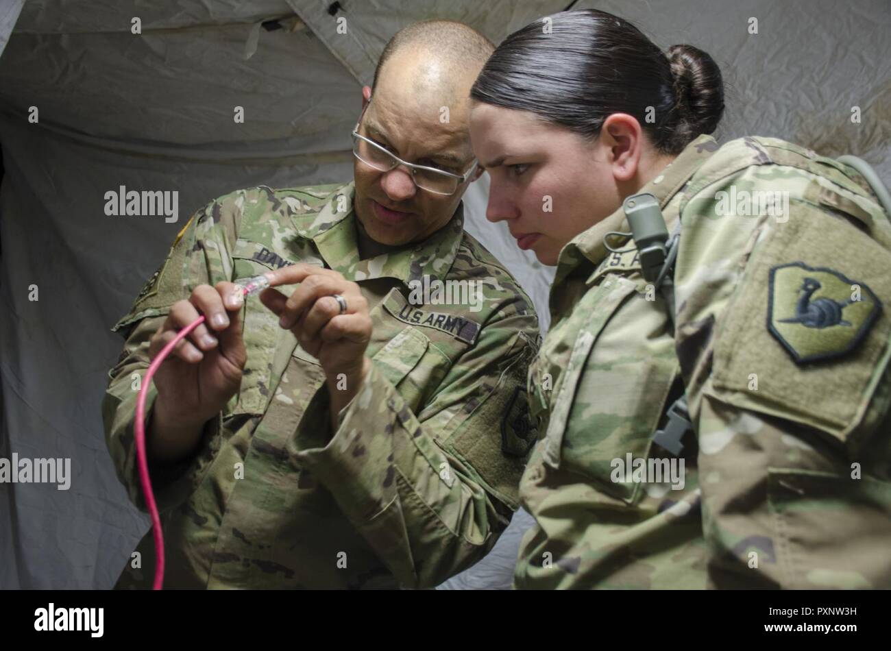 Sgt. Ryan Davis, una tecnologia di informazione non ufficiale incaricato con la manovra 158Brigata Enhancement, mostra PFC. Marissa Newman, un FM communications specialist, la configurazione dei pin per fissare un cavo Ethernet. I soldati sono state conducendo addestramento annuale presso il Camp Navajo, Ariz., Giugno 3-17 in preparazione di un imminente Warfighter esercizio entro la fine di quest'anno. (Ariz. Esercito Foto Stock