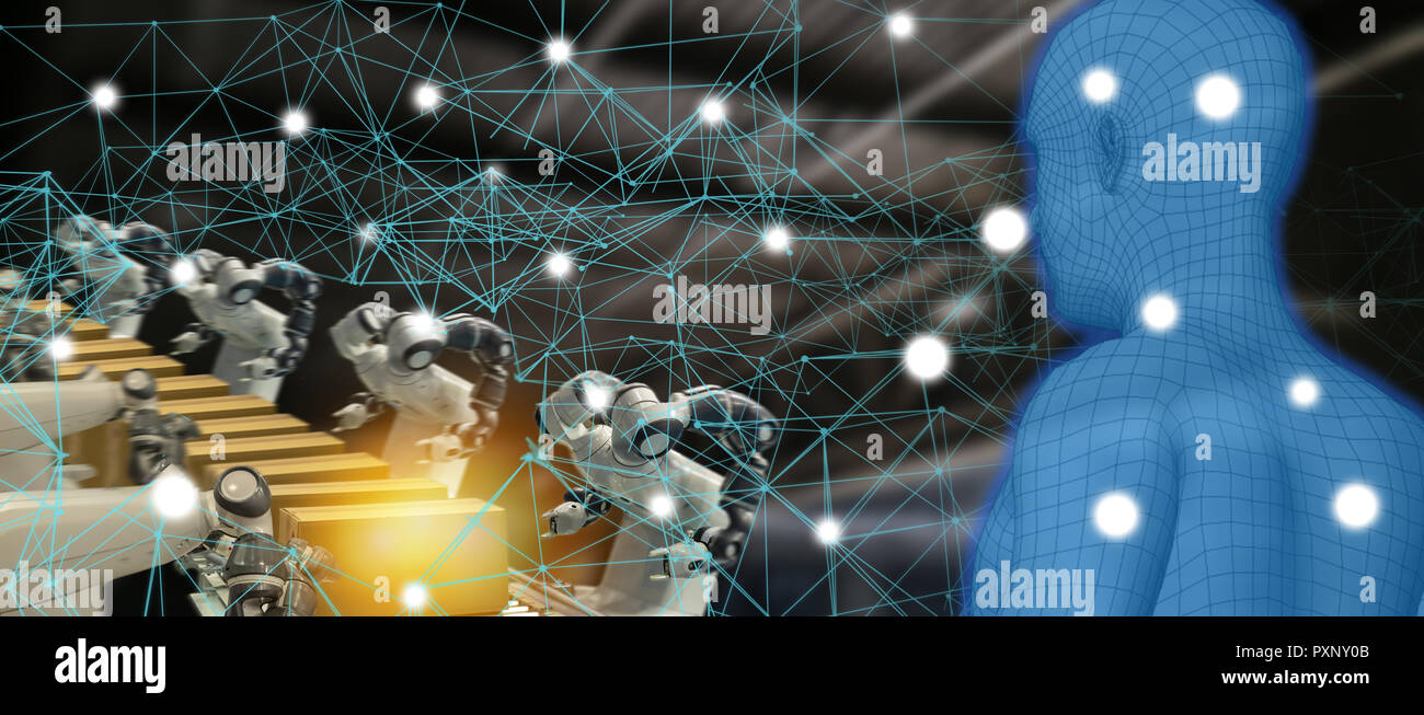Iot industria trend 4.0 concetto,ingegnere industriale con intelligenza artificiale (IA aumentata, realtà virtuale) con maglia di filo al monitoraggio della macchina Foto Stock
