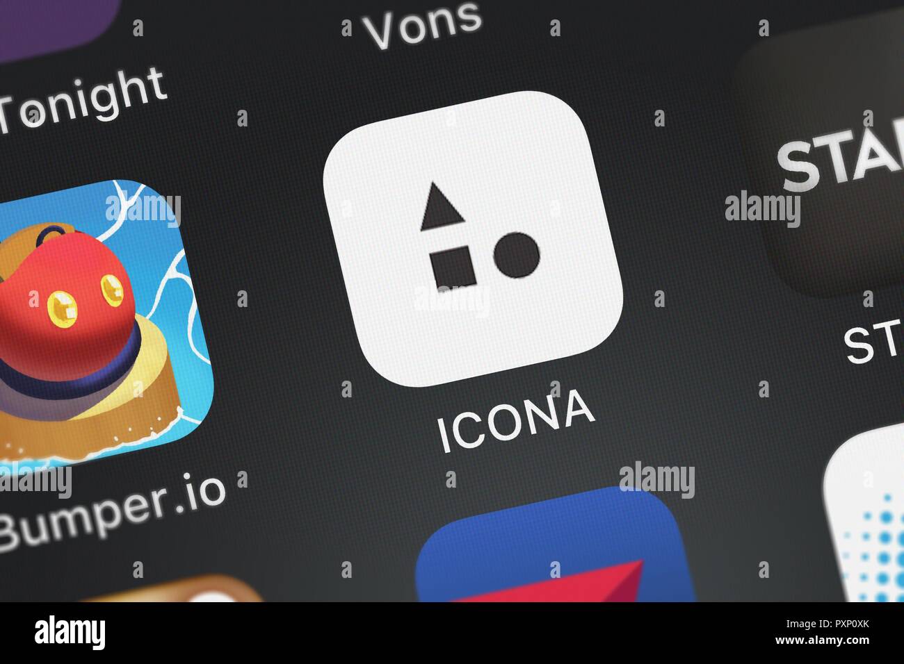 London, Regno Unito - 23 Ottobre 2018: Close-up dell'ICONA - Logo Maker icona da RoadRocks su un iPhone. Foto Stock