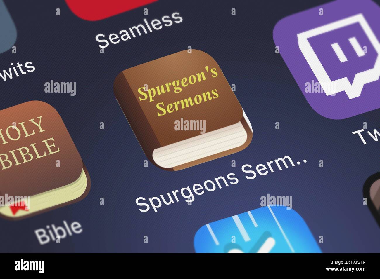 London, Regno Unito - 23 Ottobre 2018: La Spurgeon sermoni mobile app da Oleg Shukalovich su un schermo di iPhone. Foto Stock
