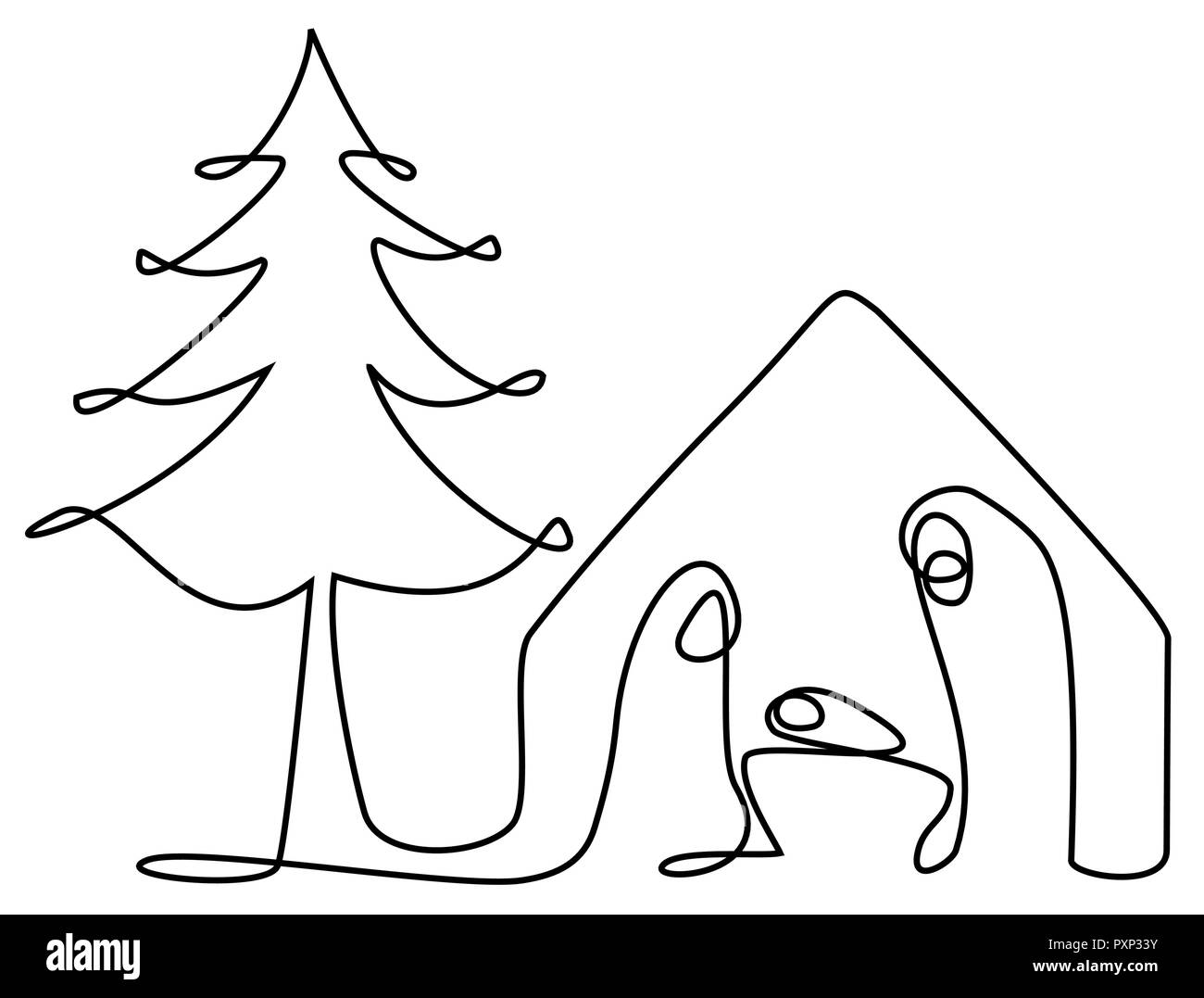 Presepe con la Santa Famiglia e un disegno della linea Illustrazione Vettoriale