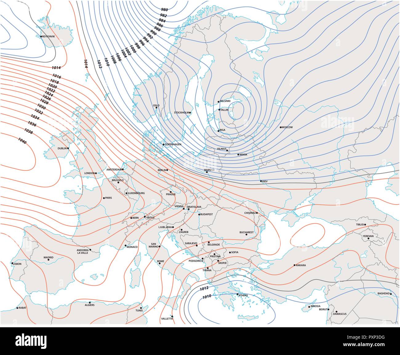Immaginario vettore meteorologici meteo Mappa di Europa. Illustrazione Vettoriale