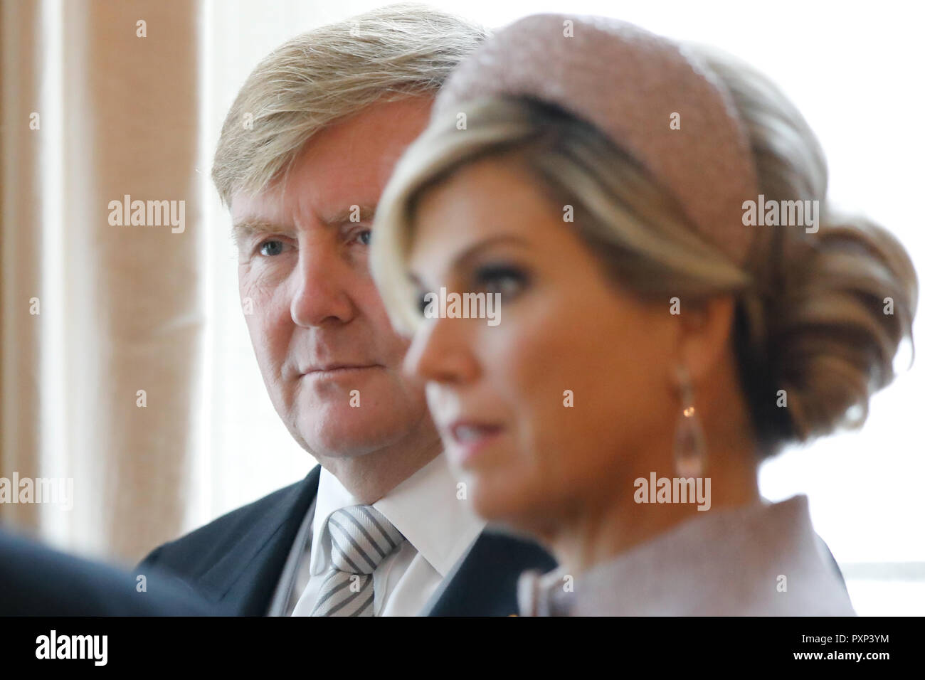 Willem-Alexander re e regina Maxima del Paesi Bassi, attendere di essere accolti dal Principe di Galles e la duchessa di Cornovaglia all'ambasciatore olandese presso Residence a Londra all'inizio del Dutch King e Queen e due giorni di visita di stato. Foto Stock