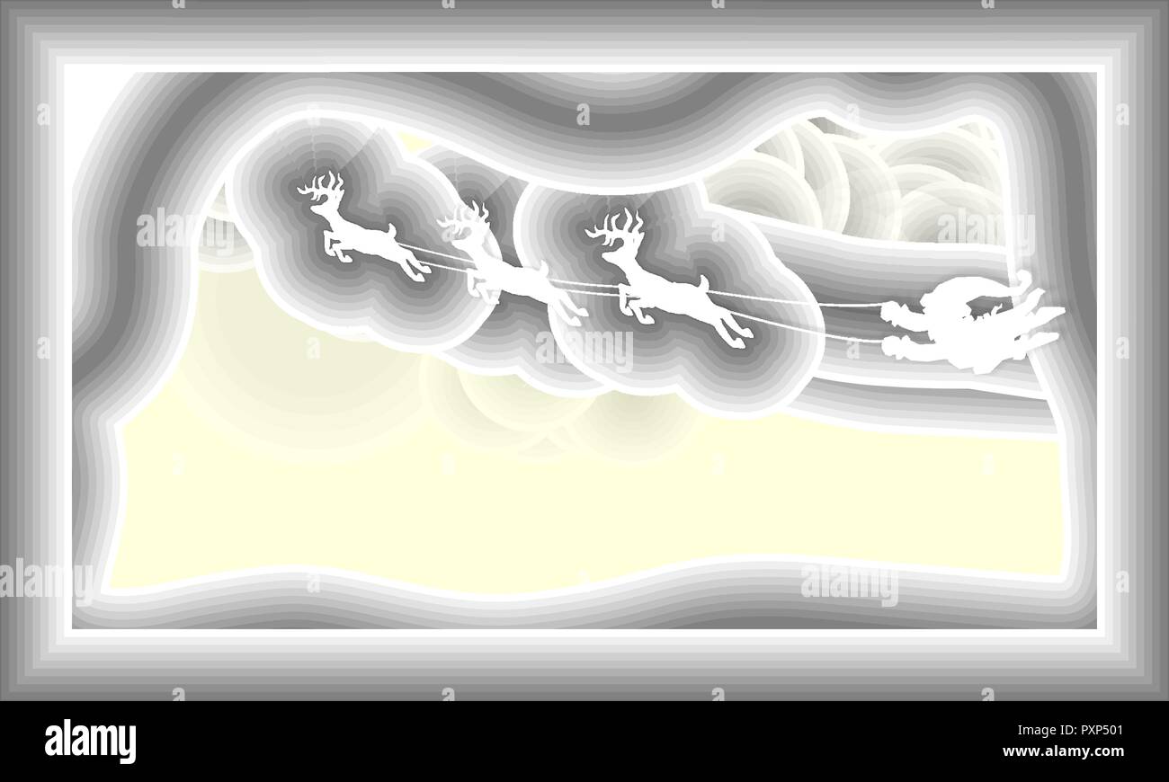 Santa,senza slitta, battenti sul cielo muoversi da renne, carta tecnica stile su sfondo giallo, illustrazione vettoriale. Illustrazione Vettoriale