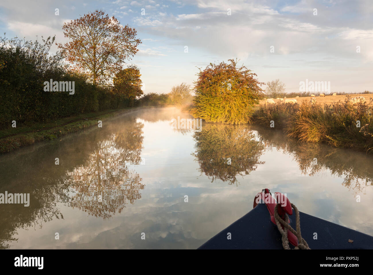 Isolato strette si muove in barca lungo il canale di Oxford presto su una soleggiata giornata autunnale. La barca è a sud di Napton. Regno Unito Foto Stock