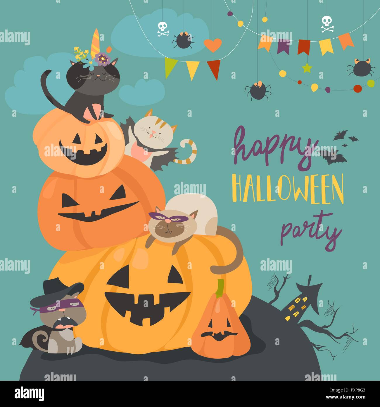 Happy halloween con la zucca e carino gatti in costumi di carnevale Illustrazione Vettoriale