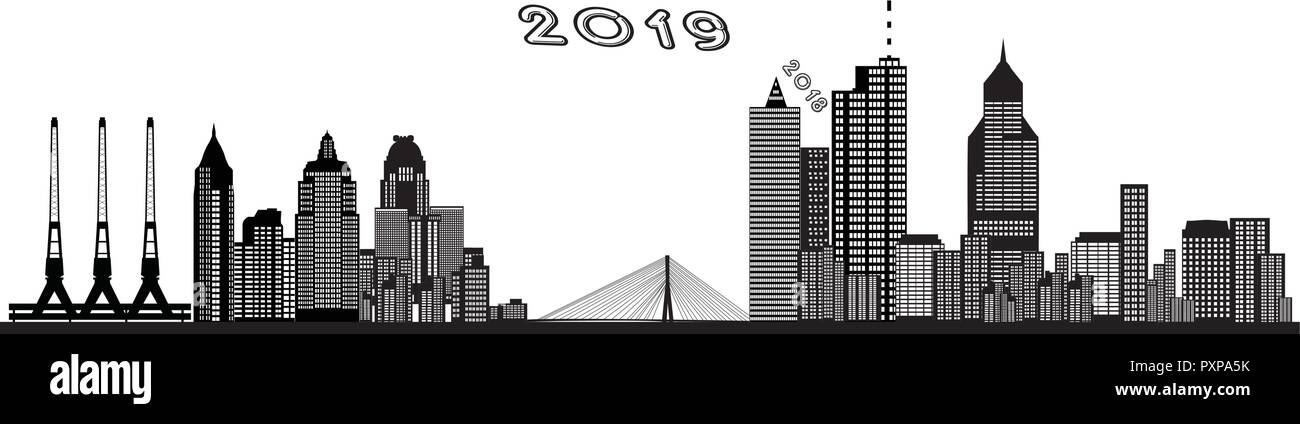 Occupato dello skyline della città con architettura delle abitazioni e degli altri edifici con la porta e il ponte passando da 2018 a 2019 Illustrazione Vettoriale Occupato dello skyline della città con architettura delle abitazioni e degli altri edifici con la porta e il ponte passando da 2018 a 2019 Illustrazione Vettoriale