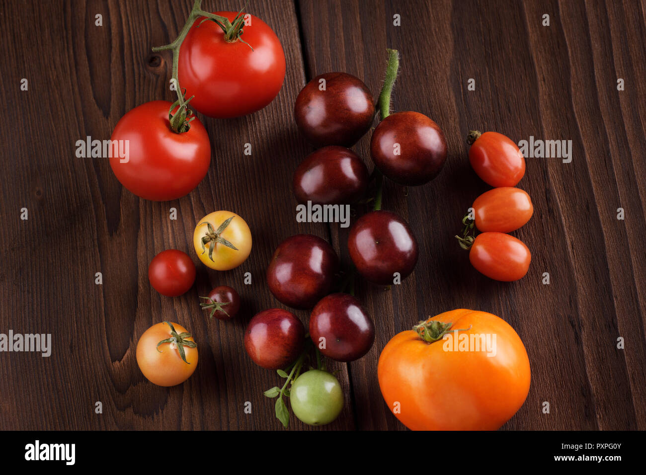 Cimelio di organico i pomodori di una varietà di dimensioni e colori da viola Indigo rose di rosso e giallo di pomodori ciliegini. Artistico di vita ancora sul buio woo Foto Stock