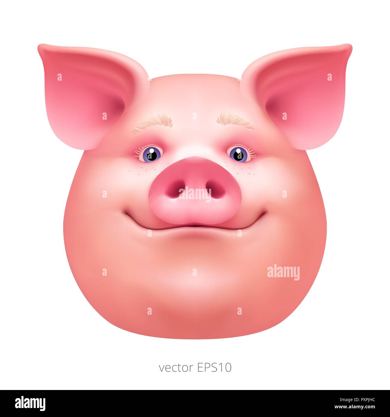 Testa di vettore di un maiale felice. Sorprende la faccia di un grasso suino. Ritratto di un porco di rosa. Salvadanaio di maschera per celebrare il Nuovo Anno 2019. Clipart realistiche. Illustrazione Vettoriale