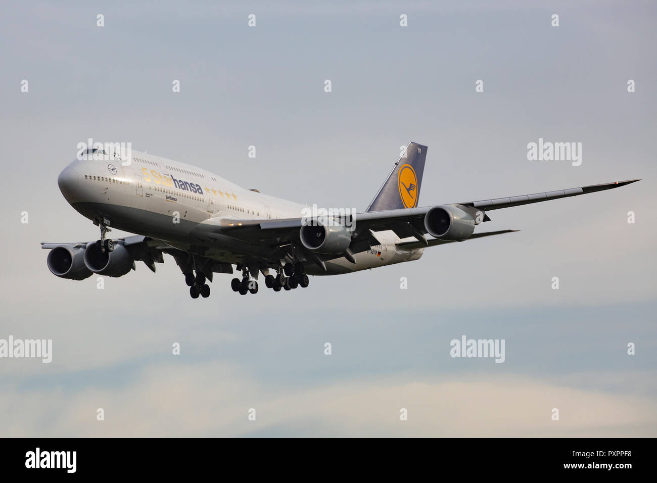 D-ABYM, Boeing 747-830 der Lufthansa als "5-Starhansa' am Flughafen Frankfurt am Main (FRA), 23.09.2018 Foto Stock