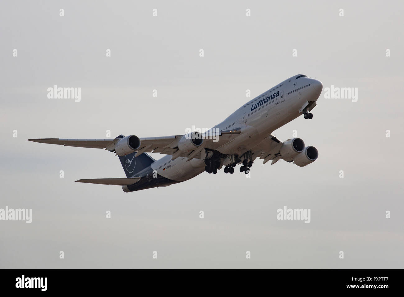 D-ABYA, Boeing 747-830 der Lufthansa mit neuem LH-Logo am Flughafen Frankfurt am Main (FRA), 23.09.2018 Foto Stock