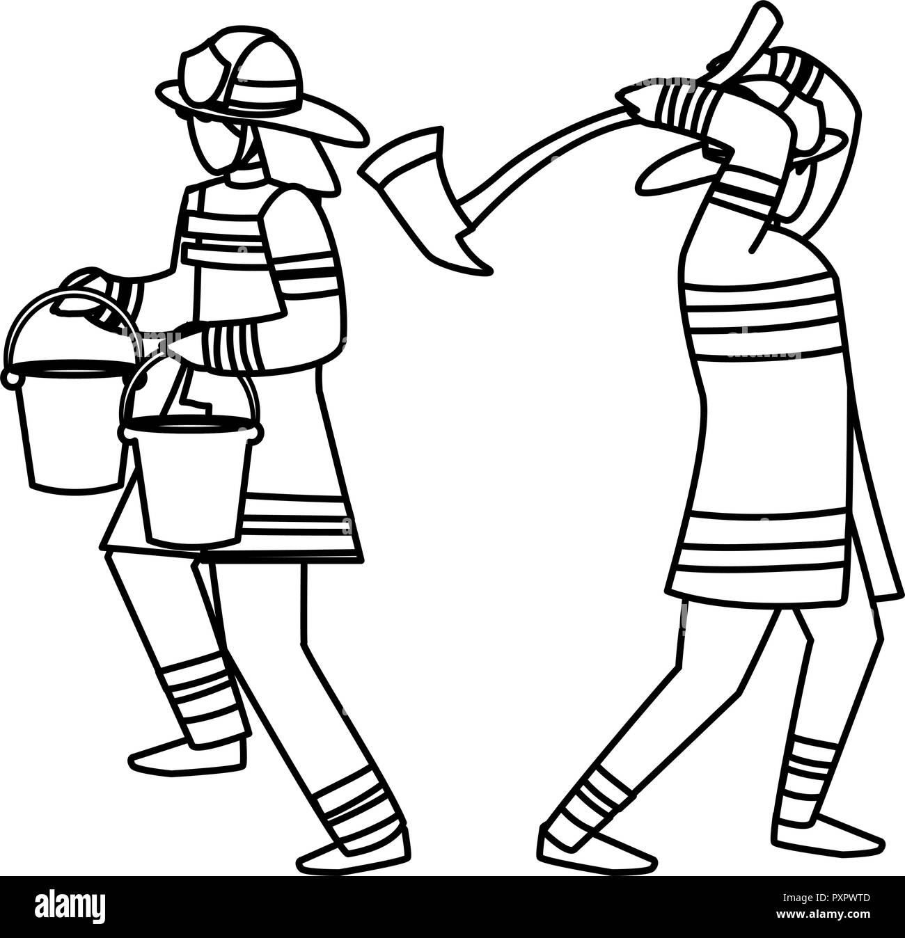 Avatar per i vigili del fuoco con benne e ax su sfondo bianco, illustrazione vettoriale Illustrazione Vettoriale