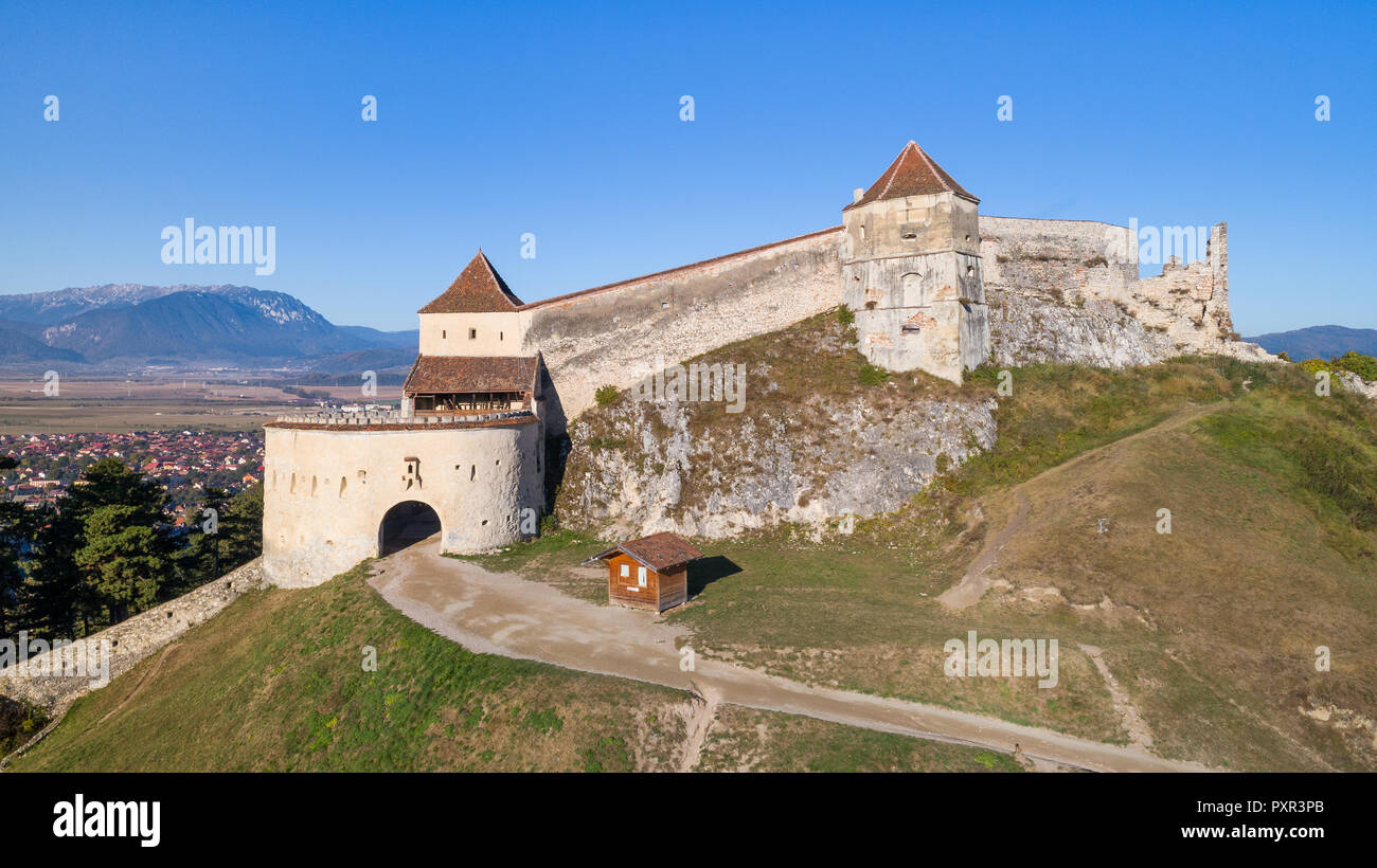 Vista aerea della fortezza Rasnov. Brasov, Transilvania, Romania Foto Stock