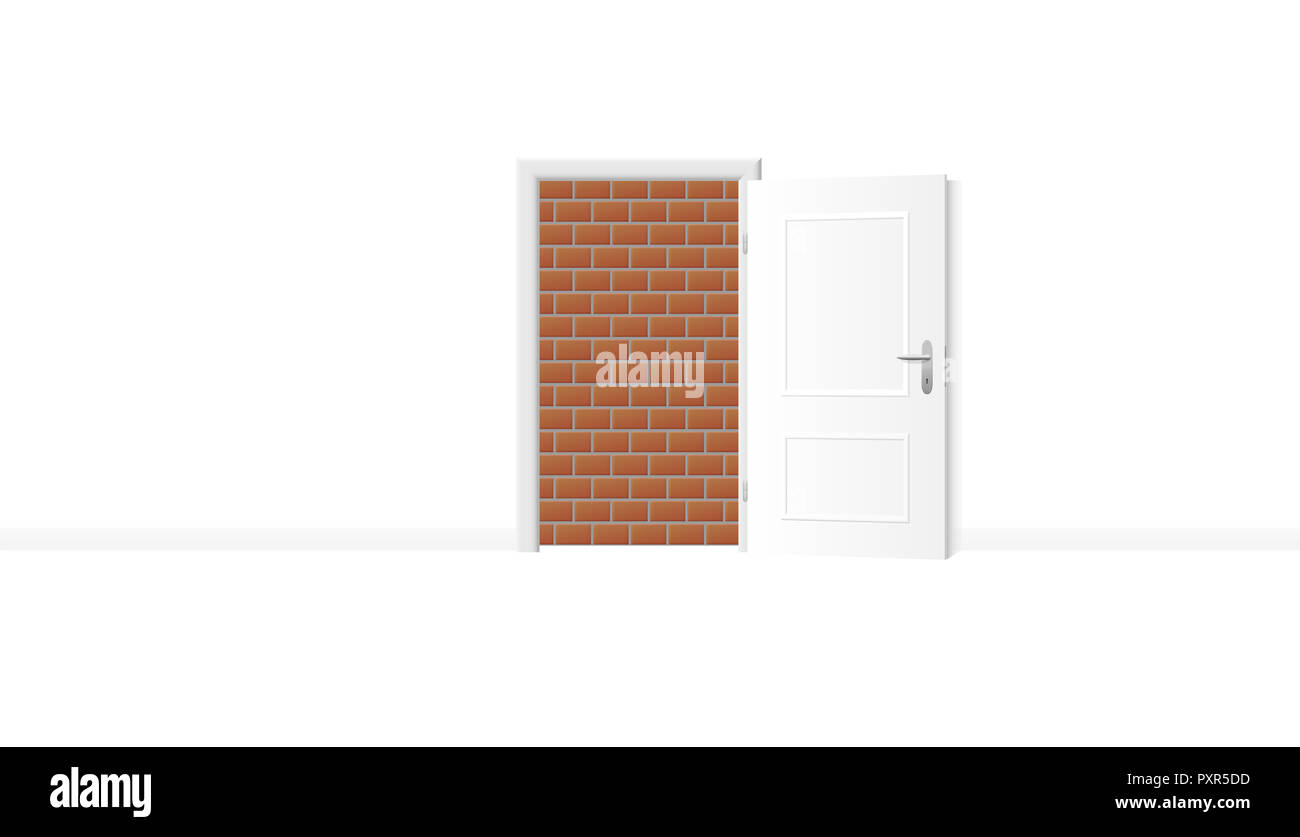 Aperto porta bianca, ma ostruita da un impenetrabile muro di mattoni. Simbolo per essere intrappolati, incarcerati e bandito e per blocco, barricata, barriera. Foto Stock