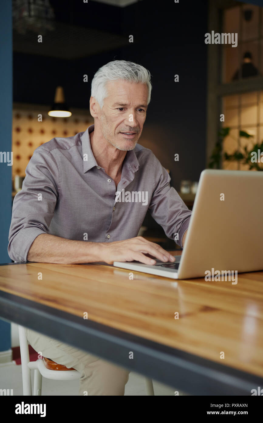 Uomo maturo utilizzando computer portatile sul tavolo a casa Foto Stock