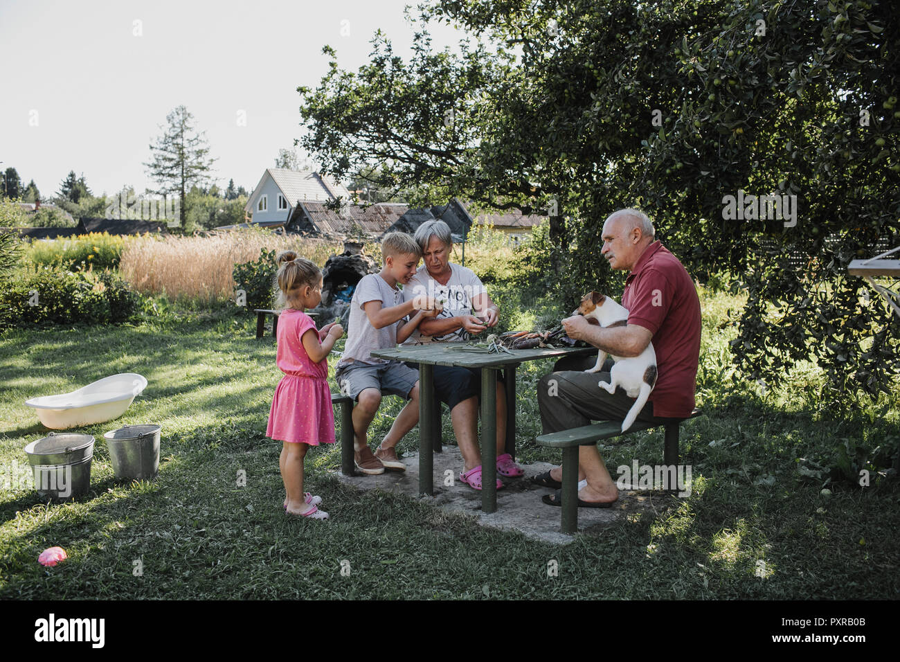 I nonni di trascorrere del tempo insieme con il nipote e nipote in giardino Foto Stock