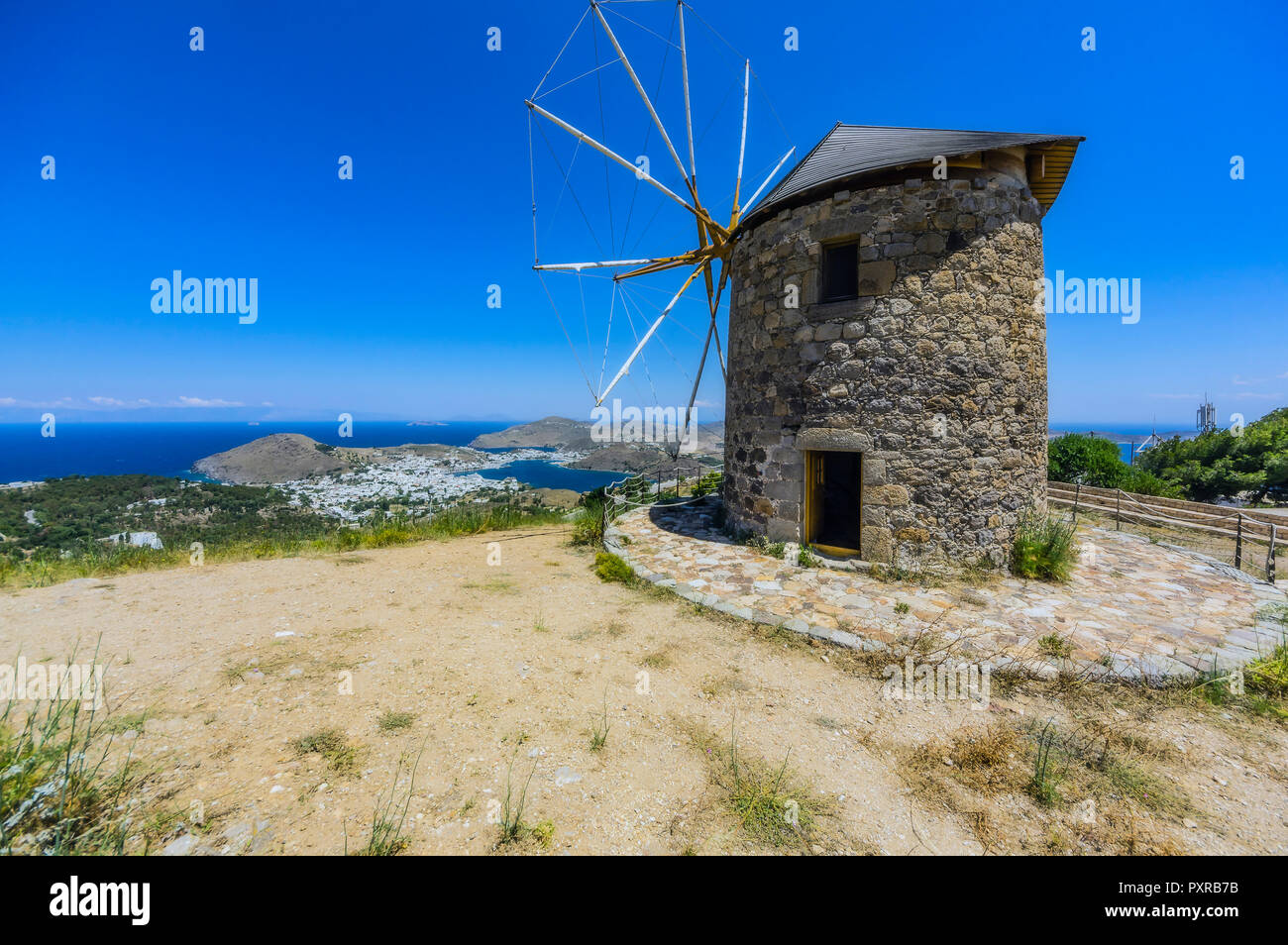 La Grecia, Patmos, storico Mulino a vento Foto Stock