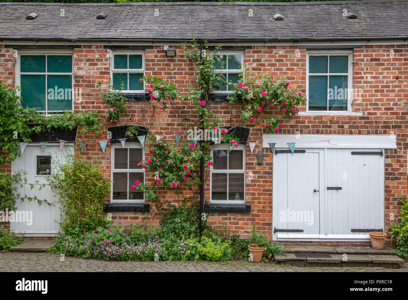 Due case sedersi ricoperti di fiori e piante nello Yorkshire, Regno Unito Foto Stock