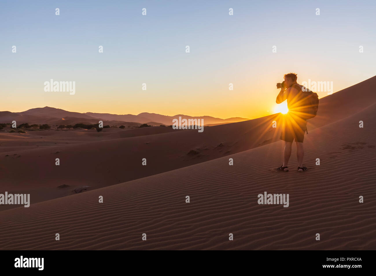 In Africa, la Namibia, il deserto del Namib Naukluft, Parco Nazionale, fotografo su dune durante il sunrise Foto Stock