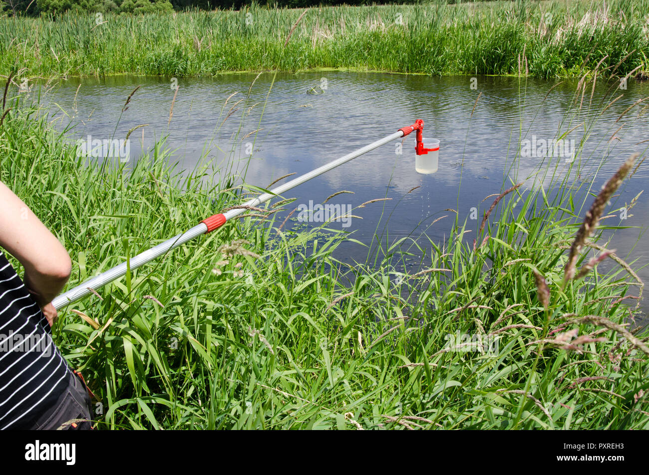 Prelevare campioni di acqua per le prove di laboratorio. Il concetto - analisi della purezza dell'acqua, ambiente, ecologia Foto Stock