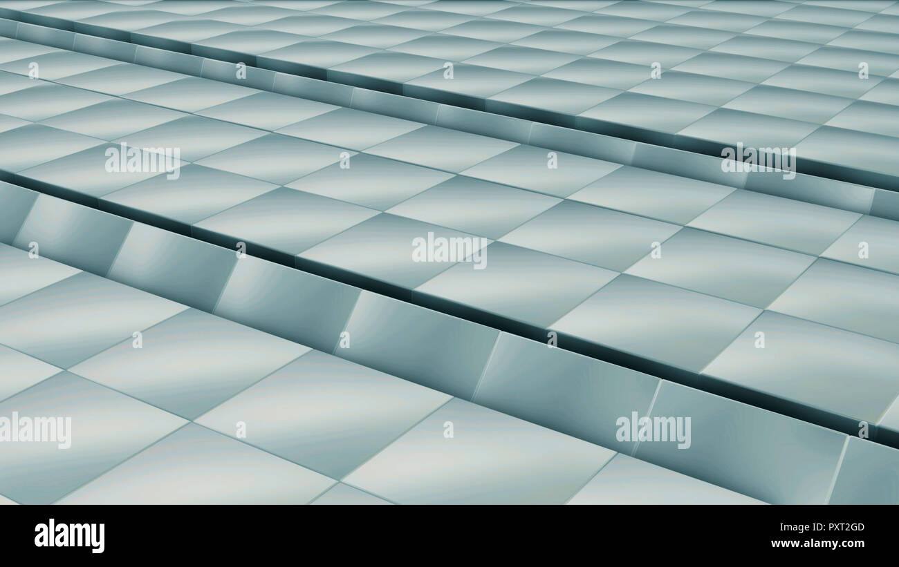 Moderno metallo astratta di superficie a griglia onda di ruotare di un blu brillante cubi Foto Stock