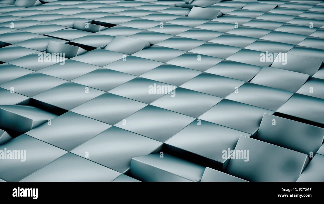 Moderno metallo astratta di superficie a griglia onda di ruotare di un blu brillante cubi Foto Stock