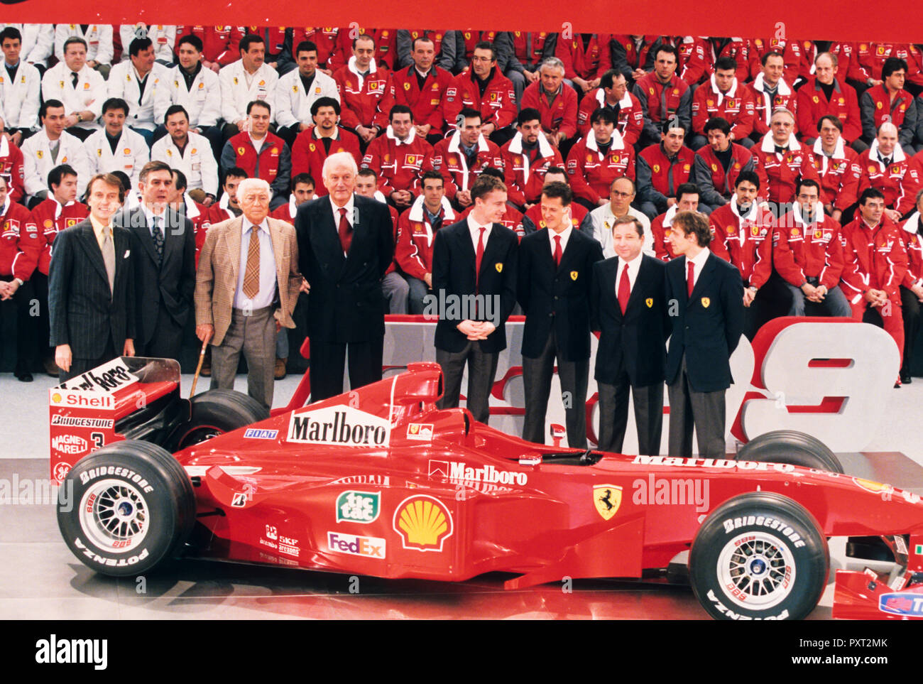 Ferrari F399 , Luca di Montezemolo, Paolo Cantarella dedicati, Giovanni Agnelli, Paolo Fresco, Eddie Irvine, Michael Schumacher, 90s Foto Stock