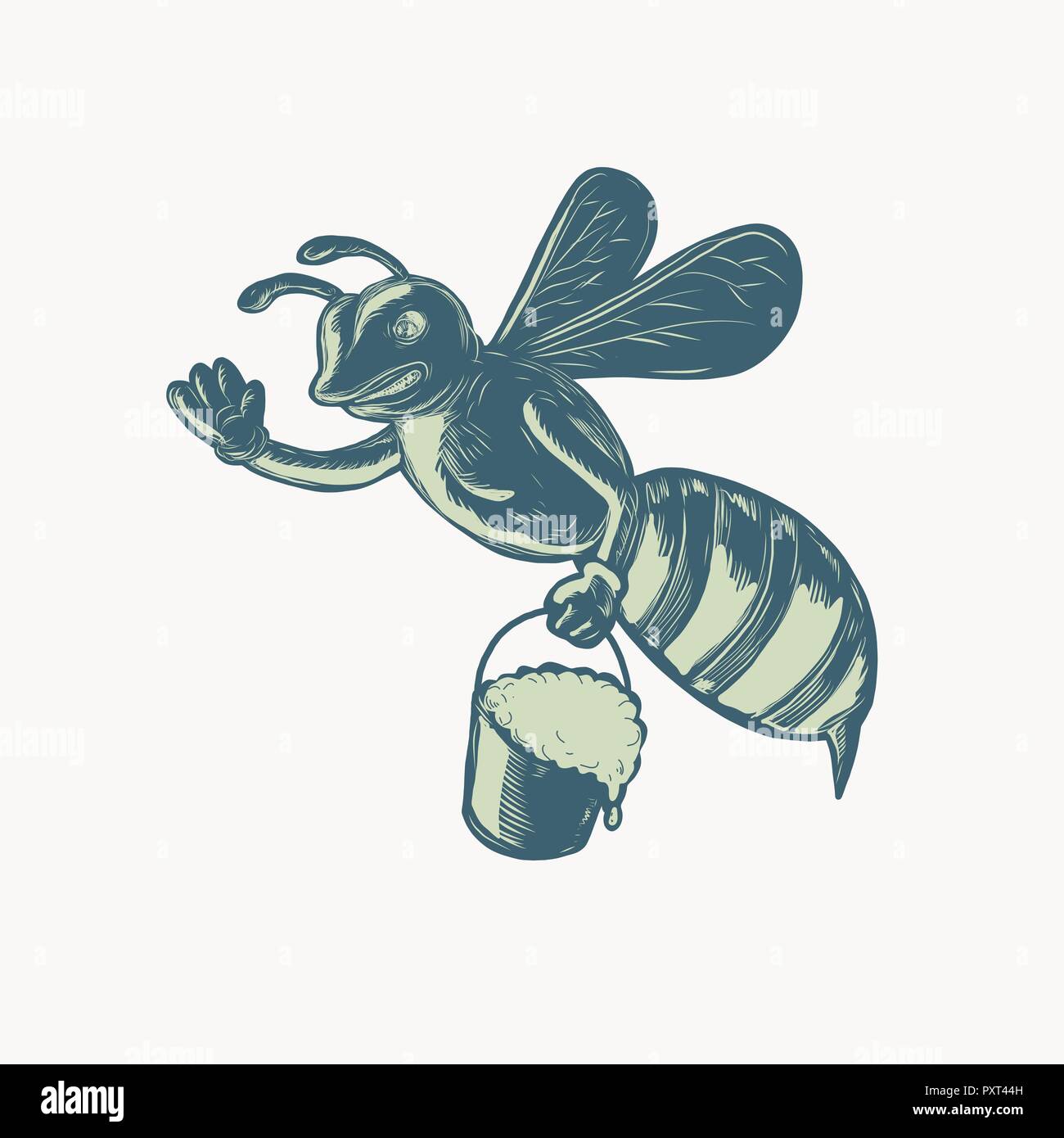 Stile Scratchboard illustrazione di un miele delle api sventolando portando un secchio di gocciolamento miele fatto su scraperboard su sfondo isolato. Illustrazione Vettoriale