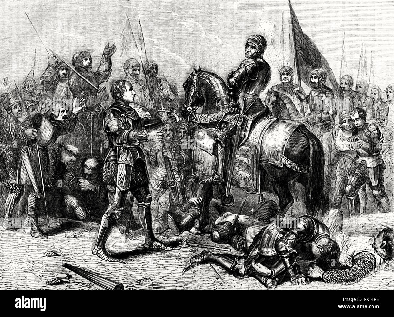 Battaglia di Bosworth campo. Signore Stanley portando la corona di Richard a Richmond. Foto Stock