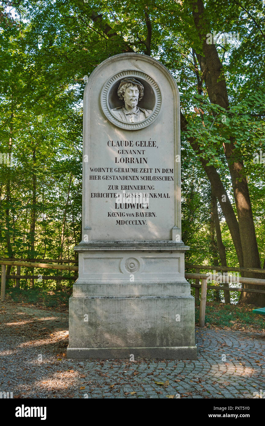 Monumento di pietra per Claude Gelee, chiamato Claude Lorrain, pittore barocco, Harlaching, Monaco di Baviera, Baviera, Baviera, Germania Foto Stock