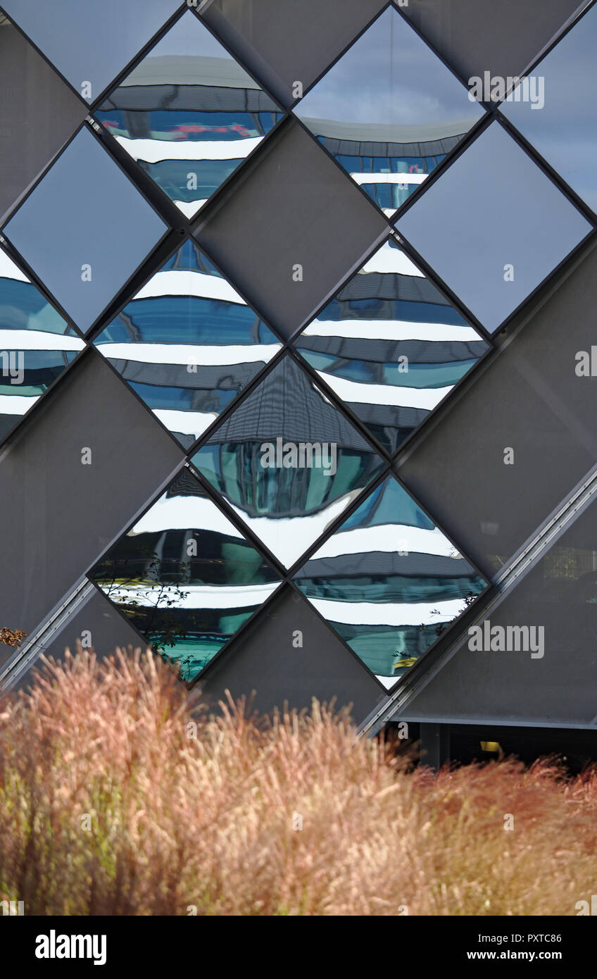 A forma di diamante dei pannelli a specchio su una parete esterna che riflette gli edifici adiacenti con vegetazione marrone in primo piano Foto Stock