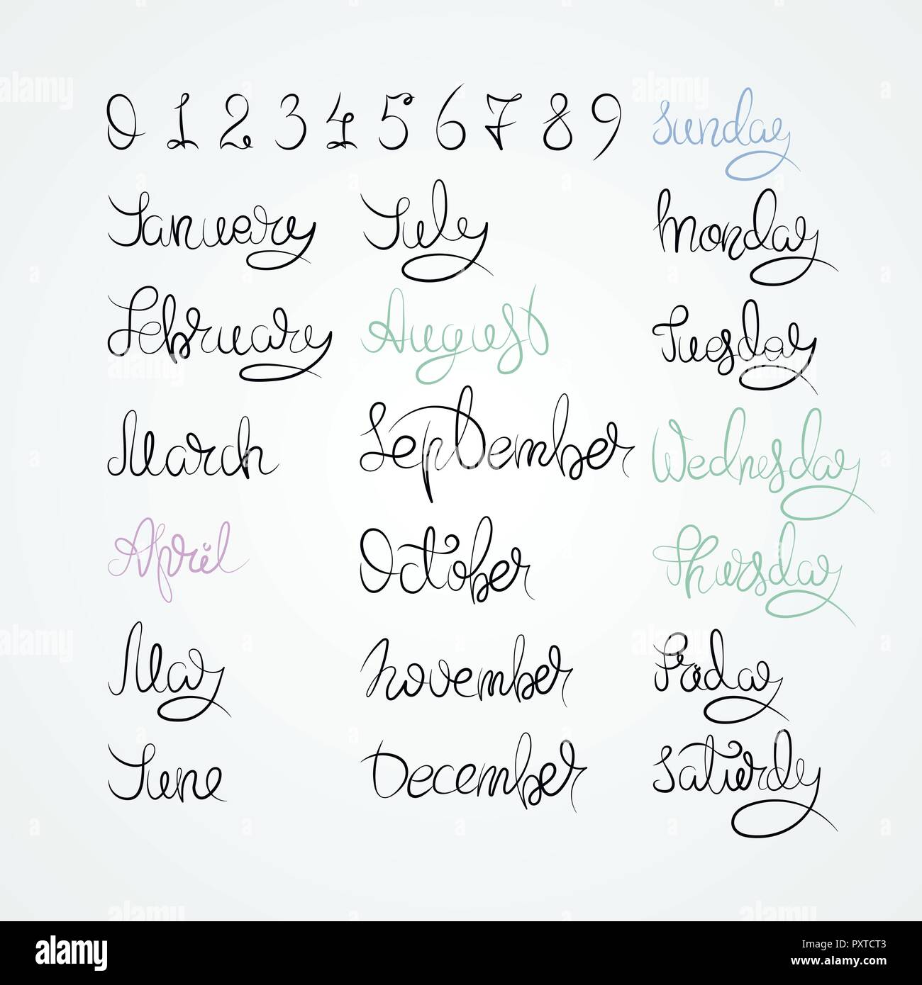 La raccolta del calendario dei mesi e numeri per tutto l'anno, settimana stagioni. Inchiostro spazzola moderna calligrafia. Vettore isolato su sfondo bianco. Illustrazione Vettoriale