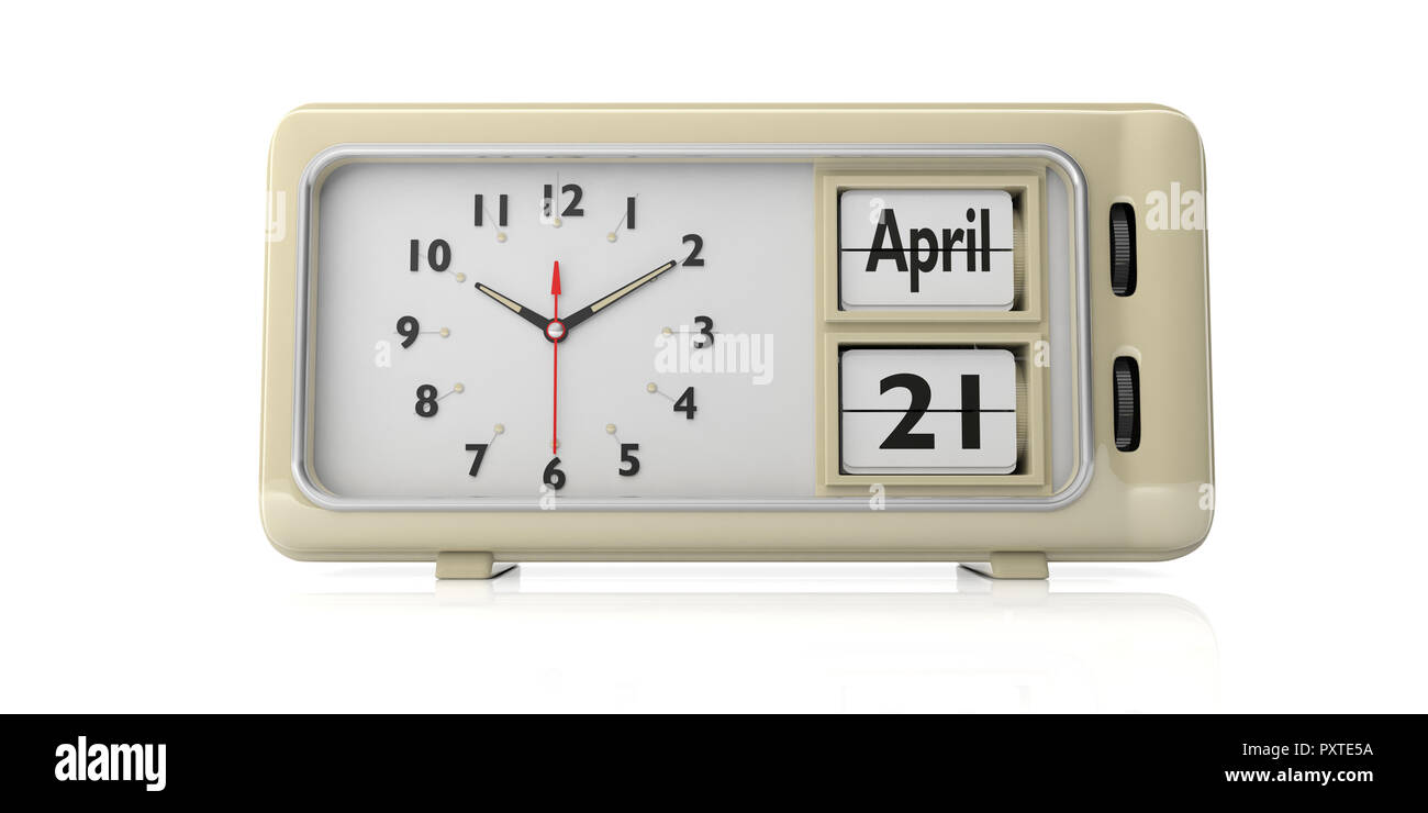 Aprile 21 2019 data di Pasqua su vecchi retro vintage sveglia isolati su sfondo bianco. 3d'illustrazione. Foto Stock