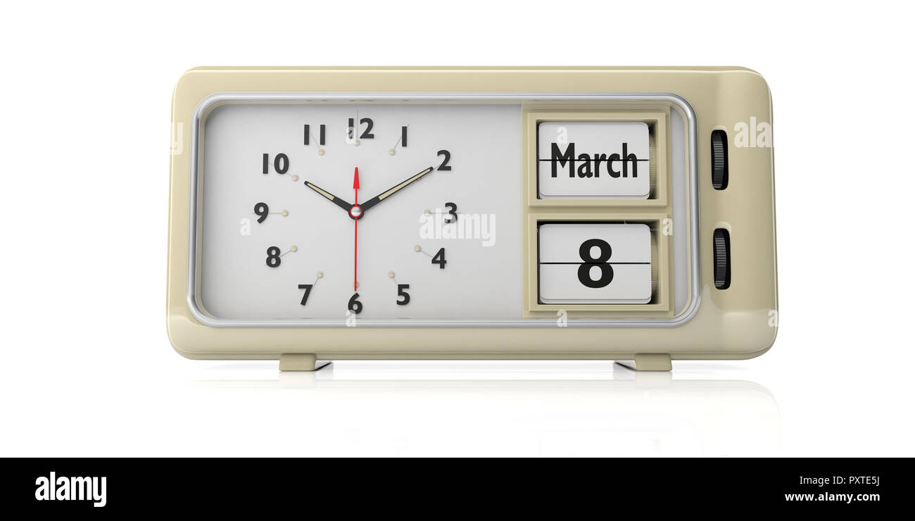 International womens day celebrazione data, il 8 marzo il testo sul vecchio retro vintage sveglia contro uno sfondo bianco, isolata. 3d'illustrazione. Foto Stock