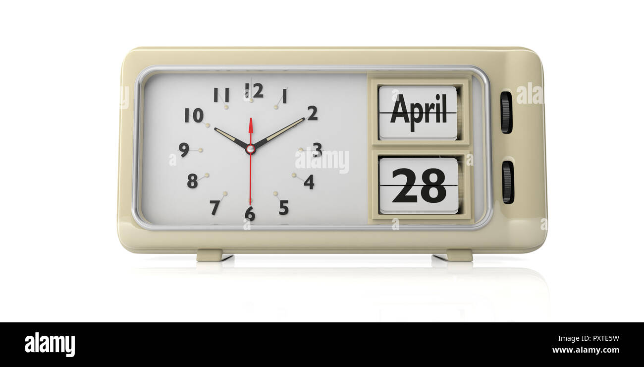La pasqua ortodossa 28 aprile 2019 data testo sul vecchio retro vintage sveglia contro uno sfondo bianco, isolata. 3d'illustrazione. Foto Stock