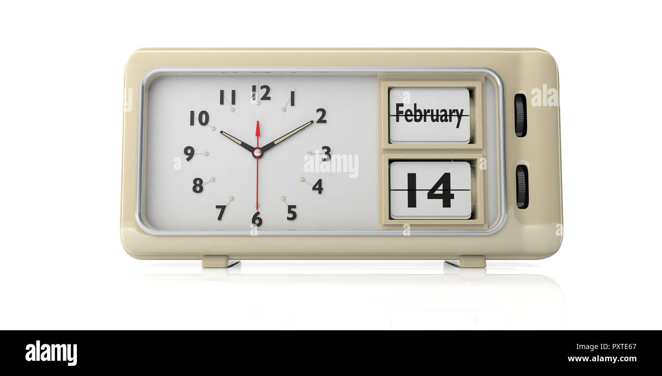 Valentines data, 14 febbraio testo sul vecchio retro vintage sveglia contro uno sfondo bianco e isolato. 3d illustrazione Foto Stock