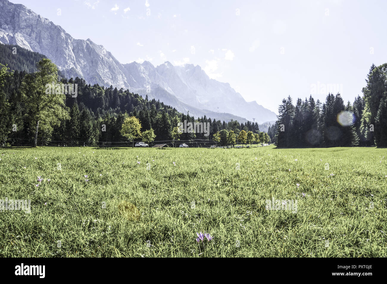 Blick auf die Zugspitze bei Grainau, Garmisch-Partenkirchen, Bayern, Oberbayern, Deutschland Foto Stock