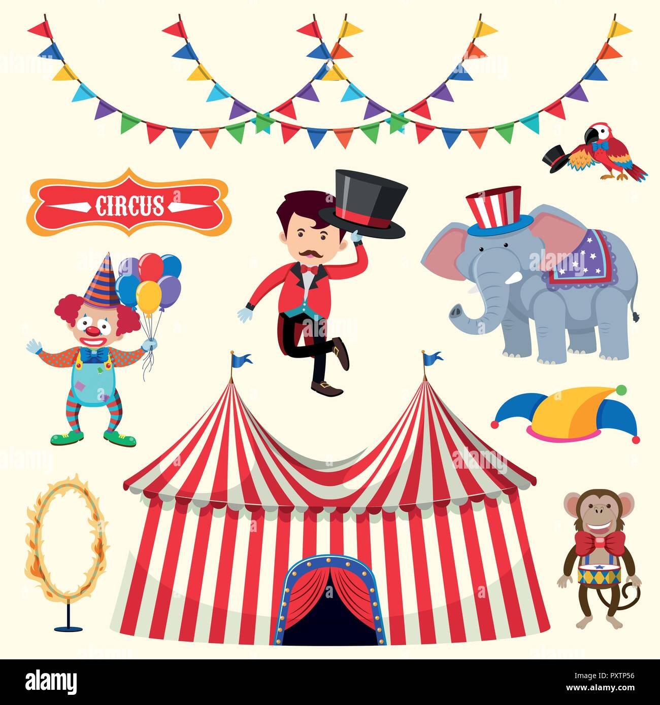 Trainer e molti animali da circo su sfondo bianco illustrazione Illustrazione Vettoriale